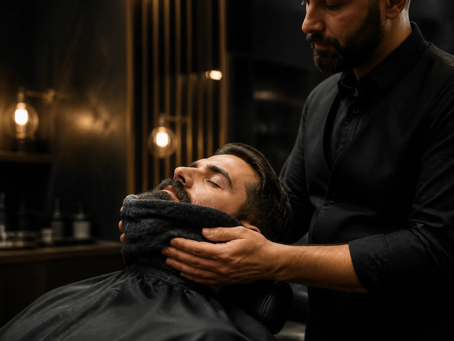 Barboterapia com toalha quente numa barbearia