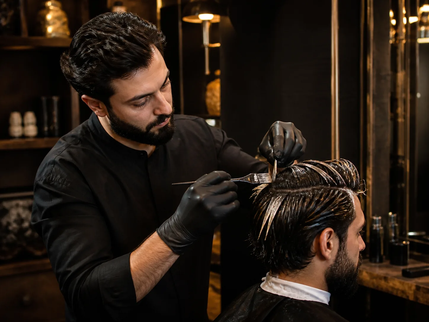 Barbeiro a aplicar cor no cabelo masculino