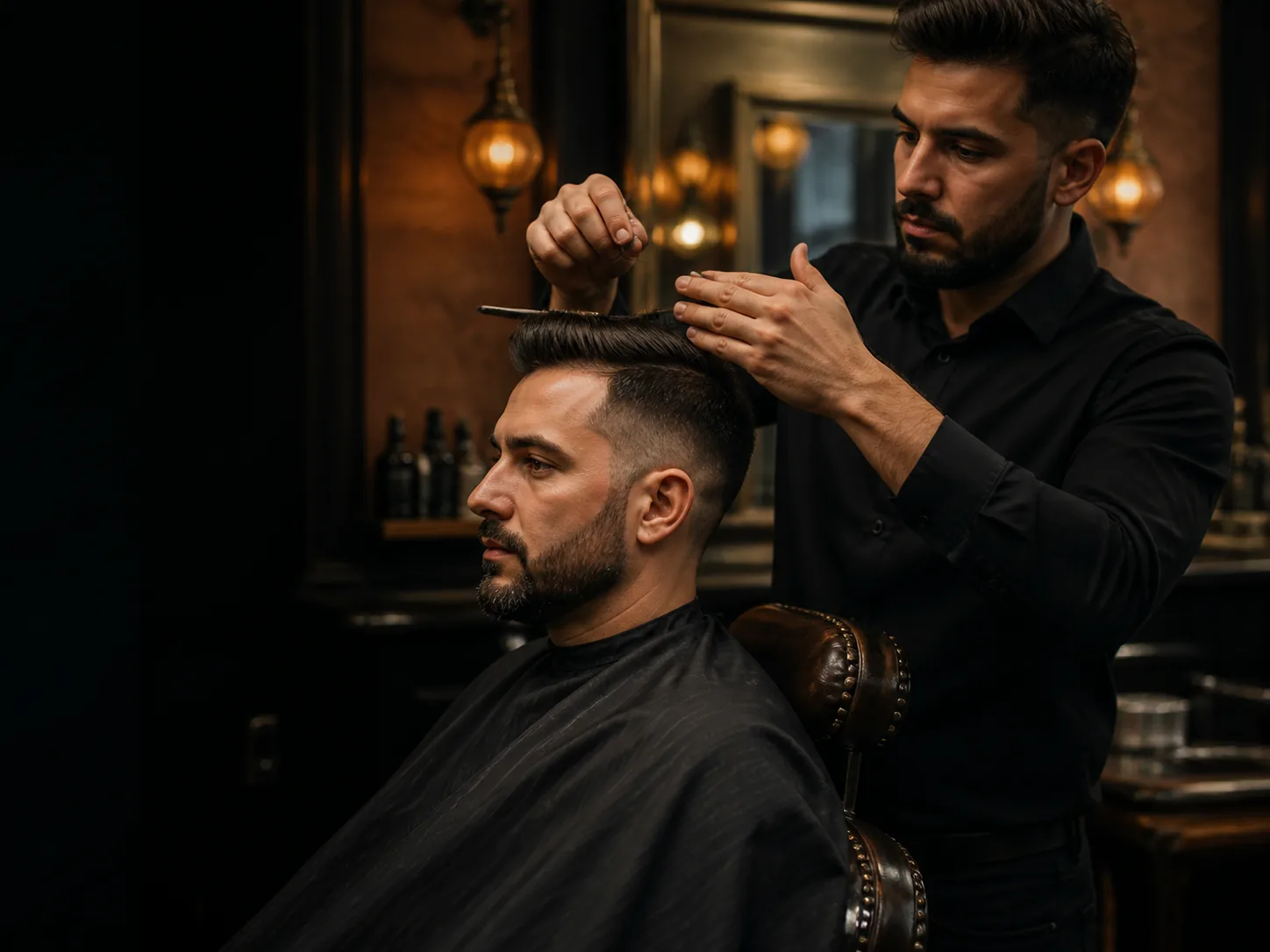 Barber finishing a men’s haircut with scissors
