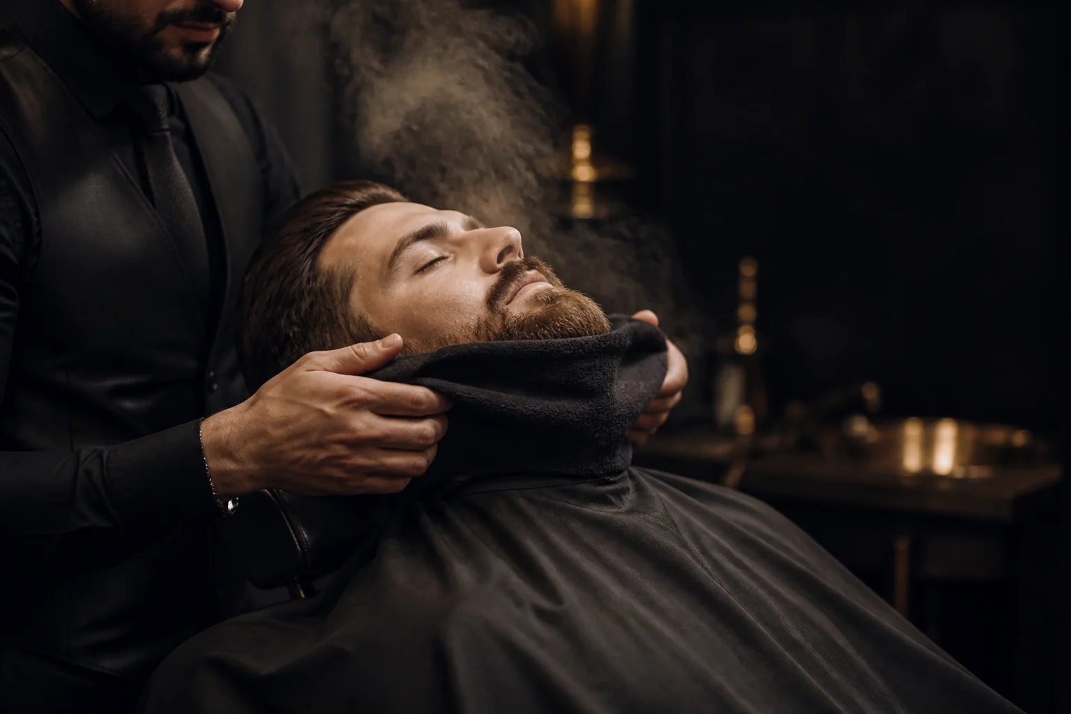 Hot-towel beard grooming ritual in a barbershop