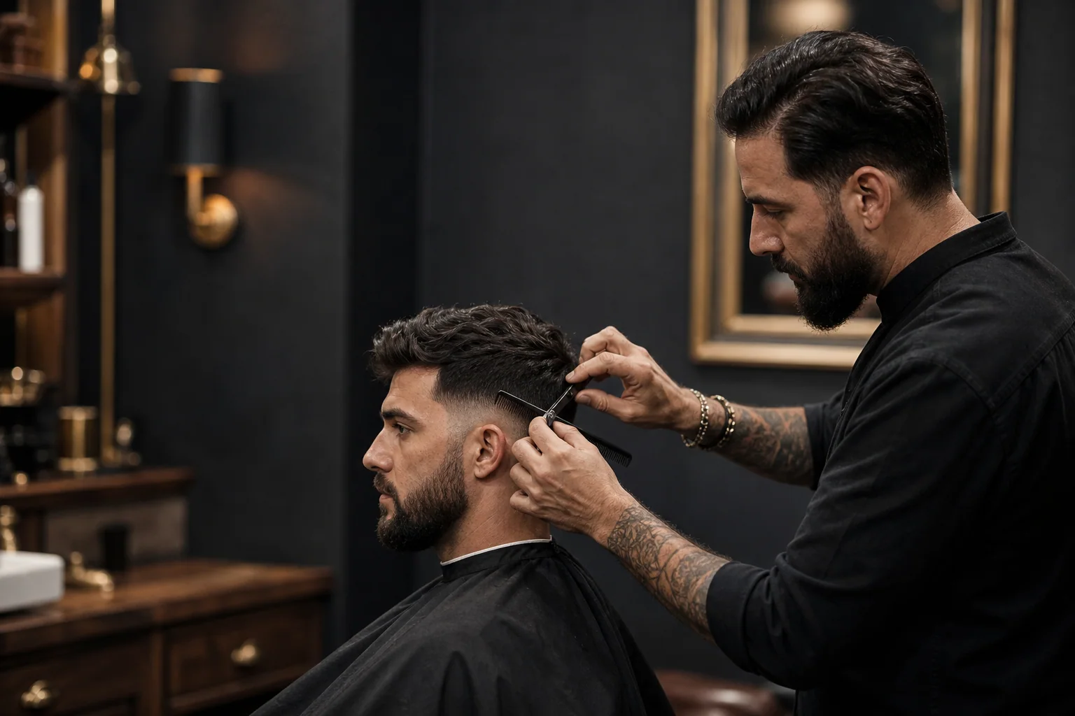 Barber finishing a men’s haircut with scissors and comb